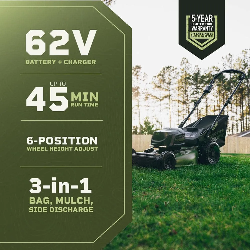 Green Machine 62V Cordless 3-in-1 High Wheel Push Walk Behind Mower, Brushless 22 In. Cutting Width with 4Ah Battery and Rapid Charger, photo 2 of 6