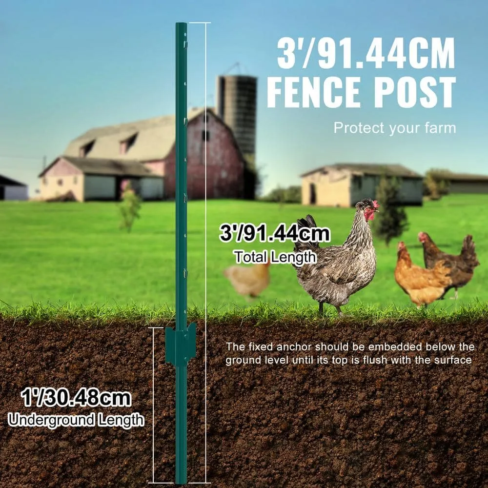 VEVOR 3 ft. Fence Post, T-Post Heavy-Duty Metal Fence Posts, Sturdy Steel Fence Stakes for Garden Yard, Lawn, Green (10-Pack), photo 3 of 8