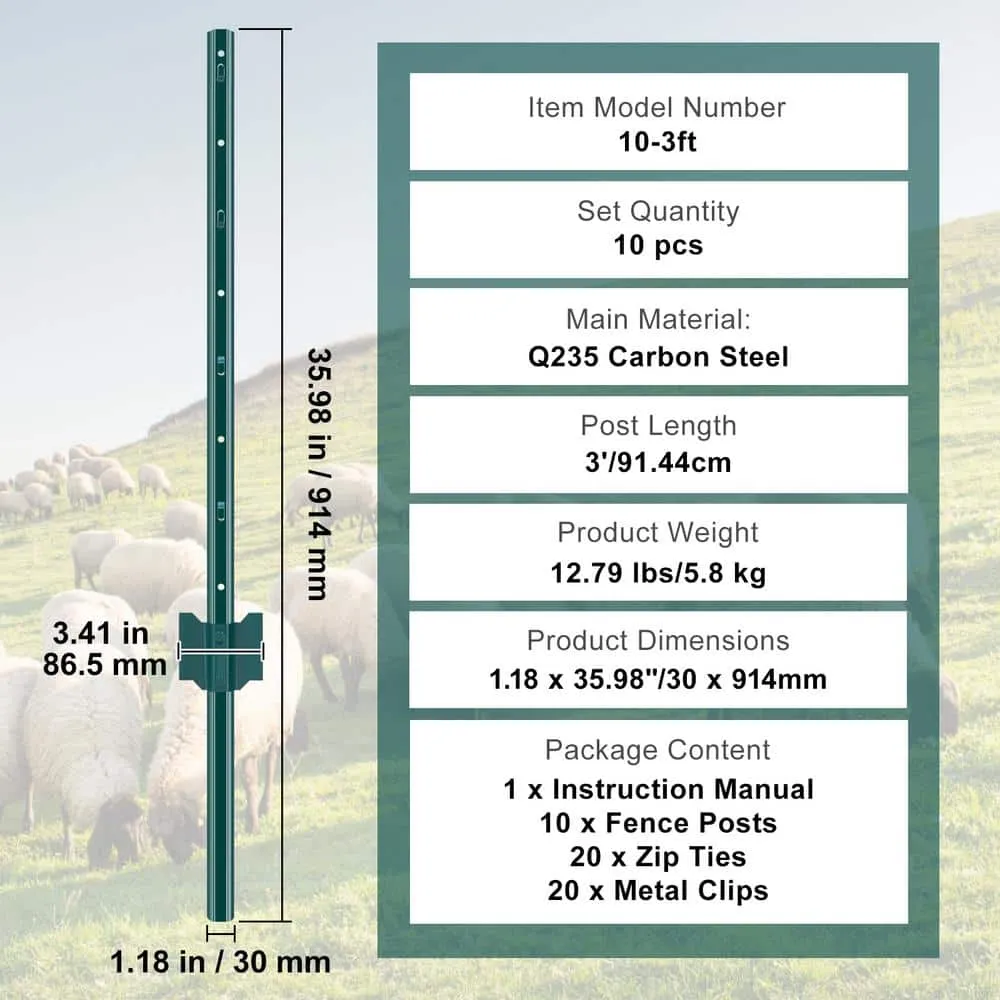 VEVOR 3 ft. Fence Post, T-Post Heavy-Duty Metal Fence Posts, Sturdy Steel Fence Stakes for Garden Yard, Lawn, Green (10-Pack), photo 7 of 8