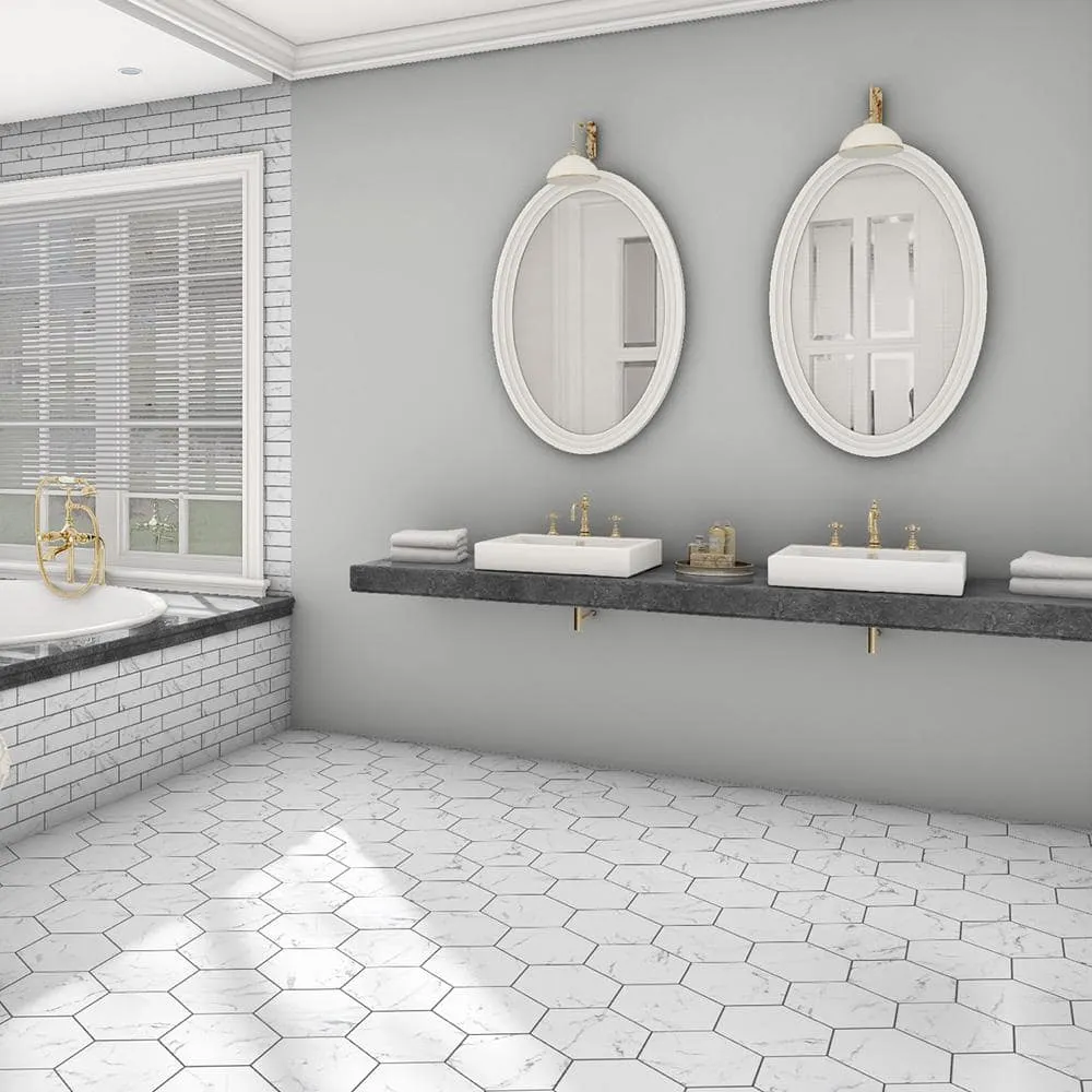 Merola Tile Timeless Calacatta Hex 8-5/8 in. x 9-7/8 in. Porcelain Floor and Wall Tile (11.56 sq. ft. / Case), photo 14 of 20