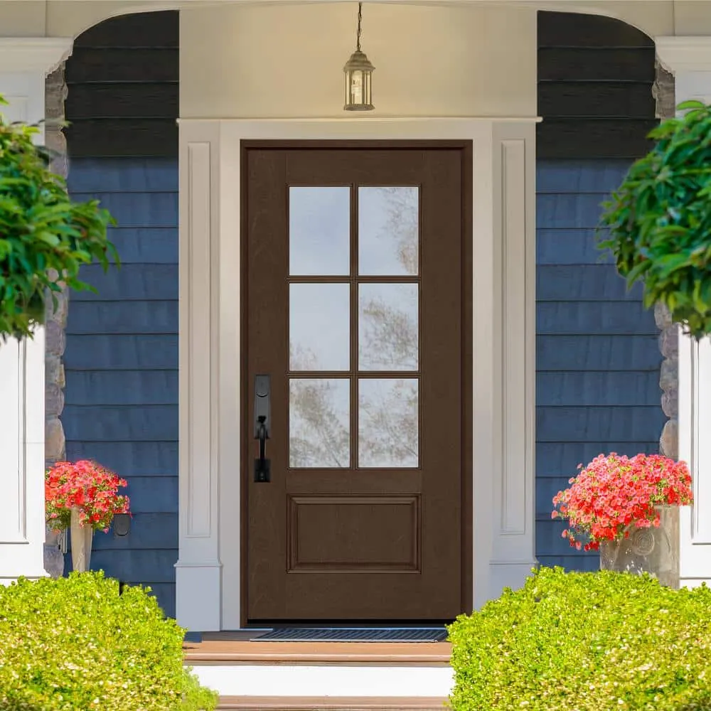 Steves & Sons Regency 36 in. x 80 in. 3/4-6 Lite Clear Glass RHIS Hickory Stain Mahogany Fiberglass Prehung Front Door, photo 2 of 8