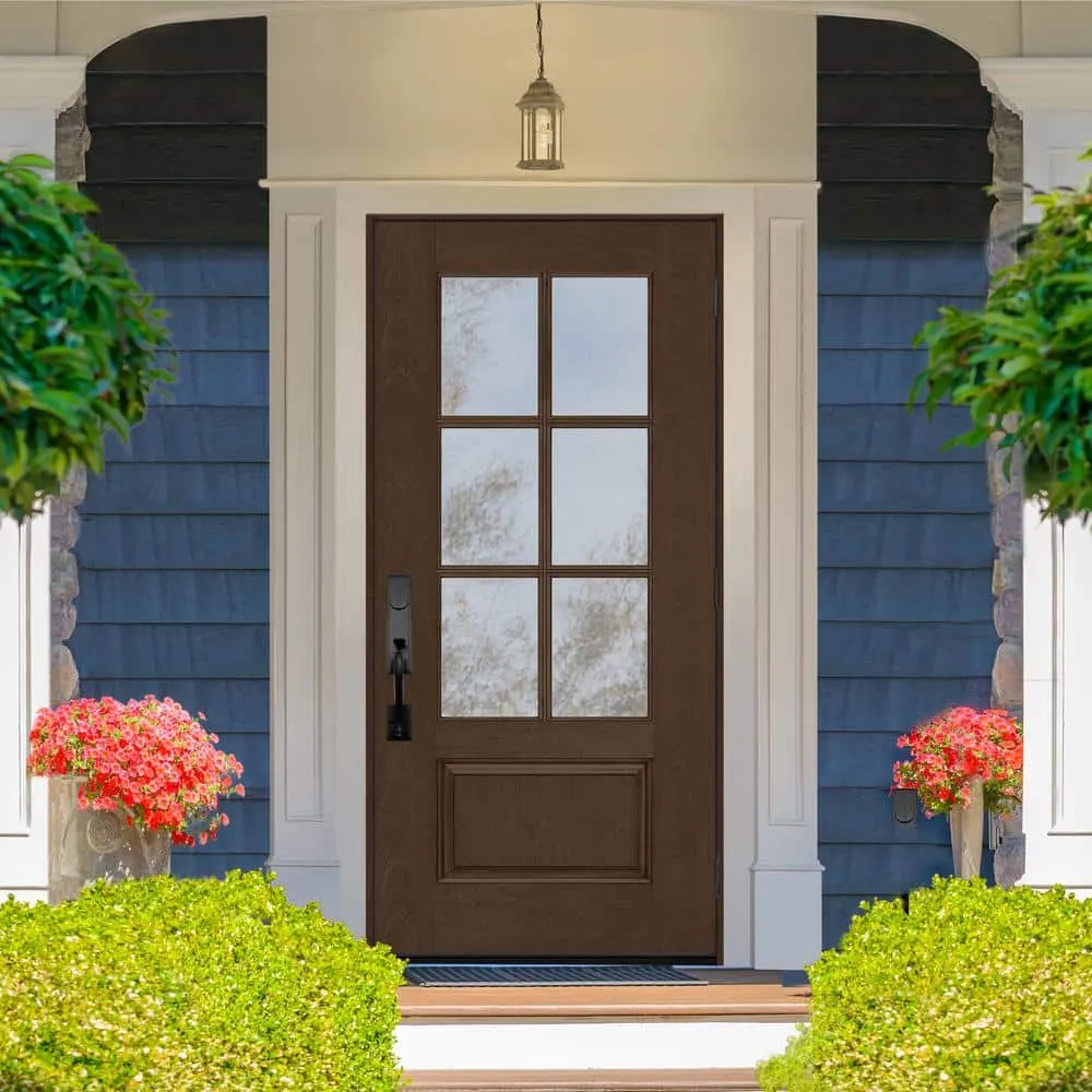 Steves & Sons Regency 36 in. x 80 in. 3/4-6 Lite Clear Glass LHOS Hickory Stain Mahogany Fiberglass Prehung Front Door, photo 2 of 8