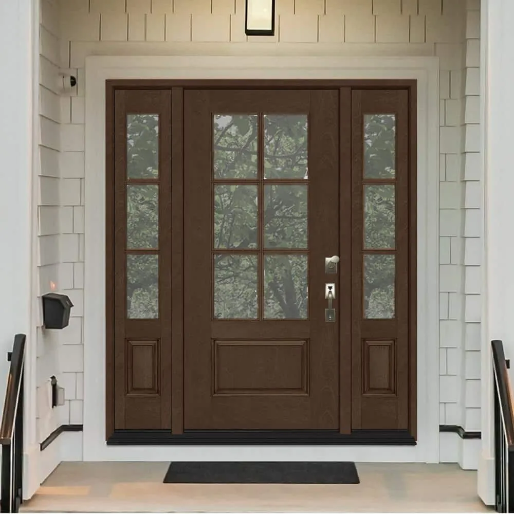 Steves & Sons Regency 64 in. x 80 in. 3/4-6 Lite Clear Glass Left-Hand Hickory Stain Mahogany-Grain Fiberglass Prehung Front Door with Double 12 in. Sidelites, photo 2 of 8