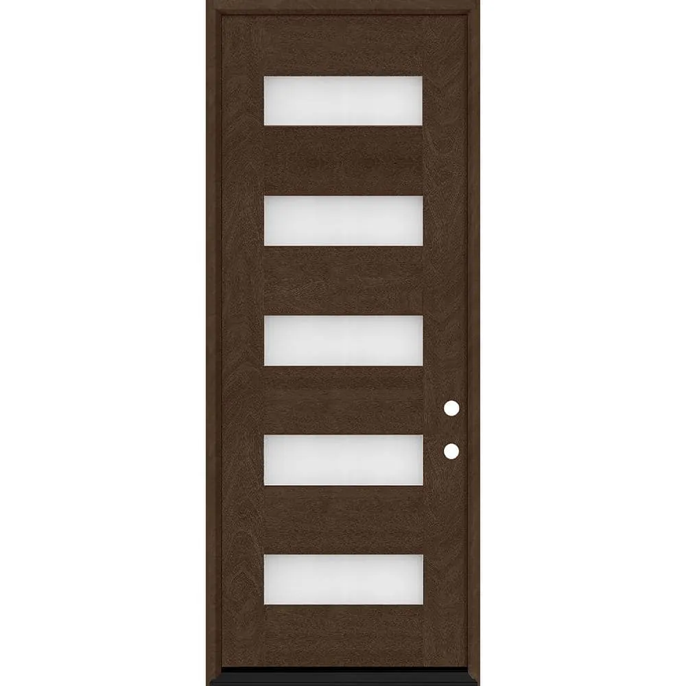 Steves & Sons Regency 36 in. x 96 in. 5L Modern Frosted Glass LHIS Hickory Stained Fiberglass Prehung Front Door, photo 2 of 4