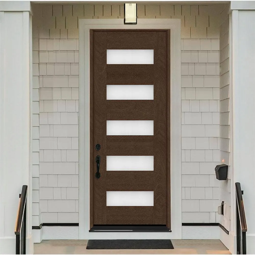 Steves & Sons Regency 36 in. W x 96 in. 5-Lite Modern Frosted Glass RHIS Hickory-Stained Fiberglass Prehung Front Door, photo 3 of 4
