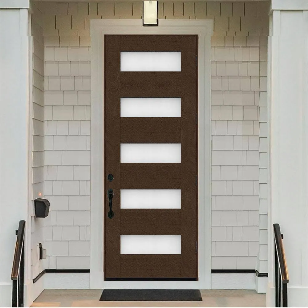 Steves & Sons Regency 36 in. x 96 in. 5L Modern LHOS Frosted Glass Hickory-Stained Fiberglass Prehung Front Door, photo 2 of 3