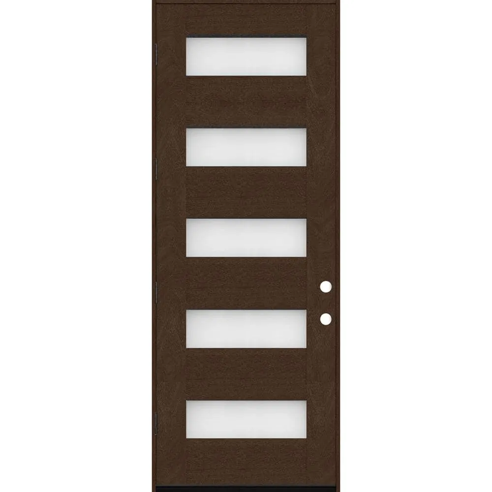 Steves & Sons Regency 36 in. x 96 in. 5L Modern Opaque Glass RHOS Hickory-Stained Fiberglass Prehung Front Door, photo 2 of 4