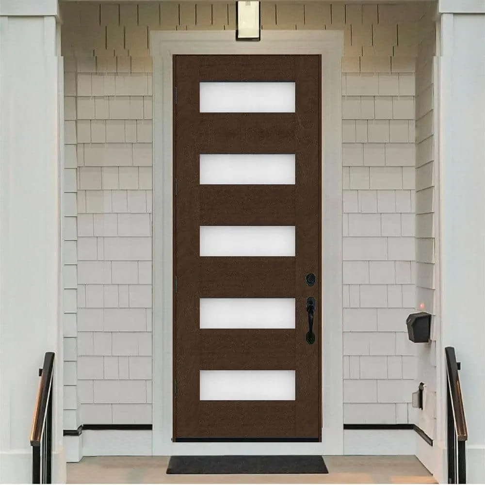 Steves & Sons Regency 36 in. x 96 in. 5L Modern Opaque Glass RHOS Hickory-Stained Fiberglass Prehung Front Door, photo 3 of 4