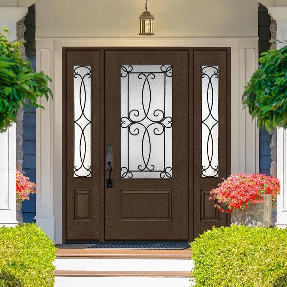 Steves & Sons Regency 64 in. x 80 in. 3/4 Lite Georgian Decorative Glass RHIS Hickory Mahogany Fiberglass Prehung Front Door with 12 in. Sidelites, photo 2 of 5