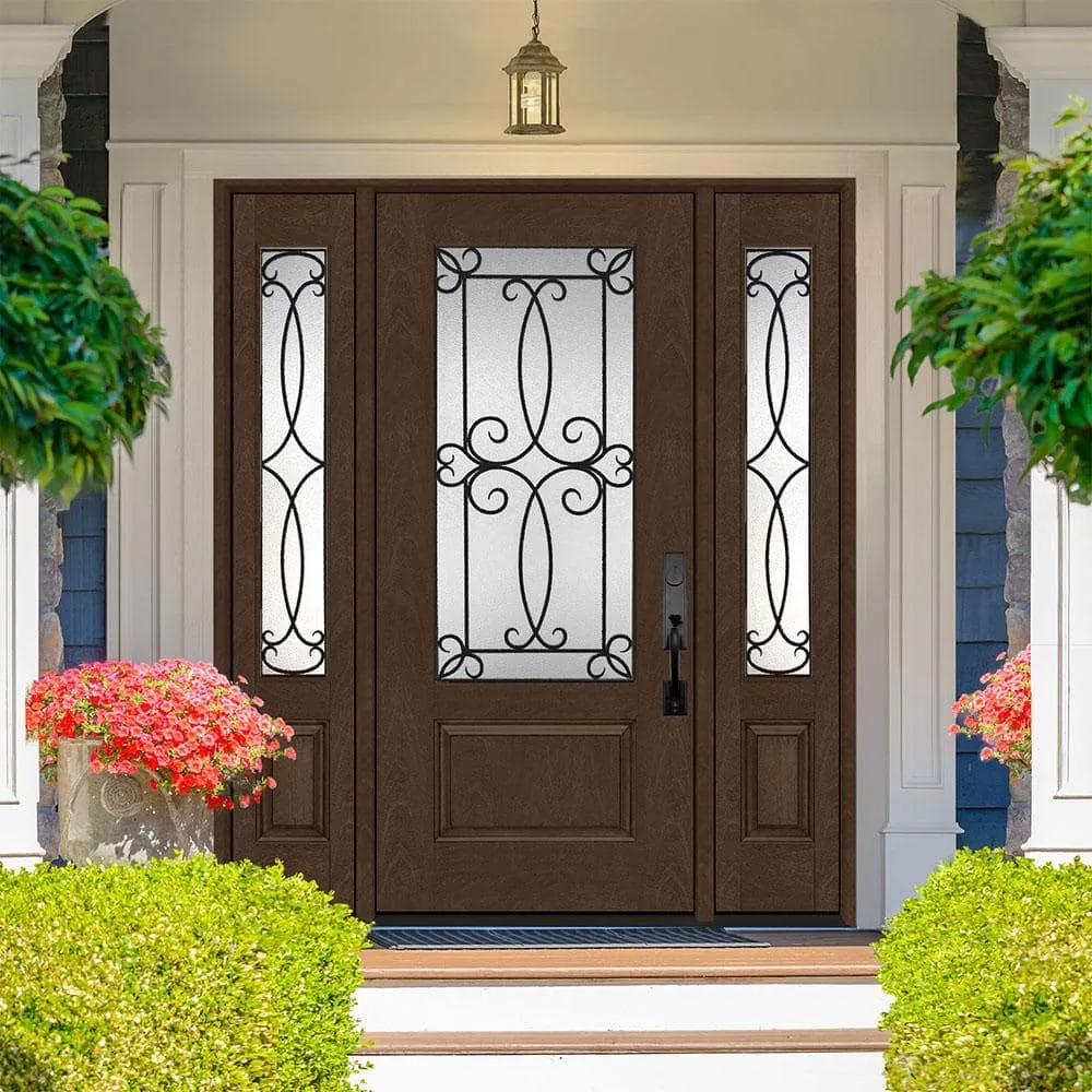 Steves & Sons Regency 64 in. x 80 in. 3/4 Lite Georgian Decorative Glass RHOS Hickory Mahogany Fiberglass Prehung Front Door with 12 in. Sidelites, photo 2 of 5