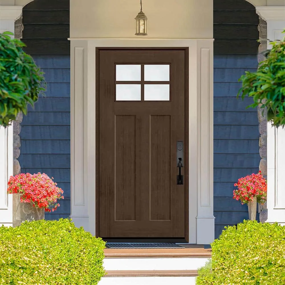 Steves & Sons Regency 36 in. x 80 in. Left-Hand Inswing 4-Lite 1/4 Toplite Clear Glass Hickory Stain Fir Grain Fiberglass Prehung Front Door, photo 2 of 5