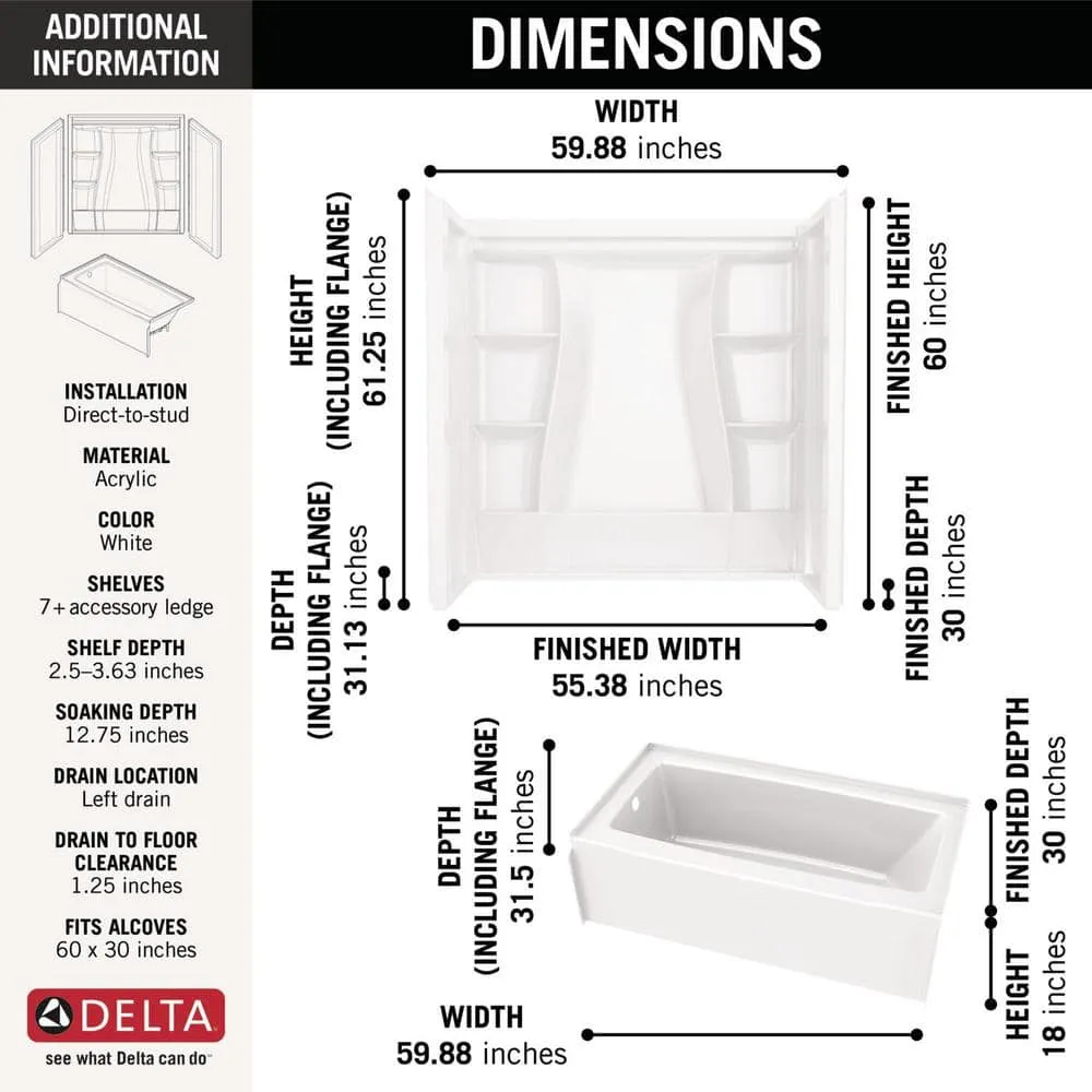 Delta Classic 500 60 in. x 30 in. Alcove Left-Drain Bathtub and 3-Piece Wall Surrounds, High Gloss White, photo 3 of 8