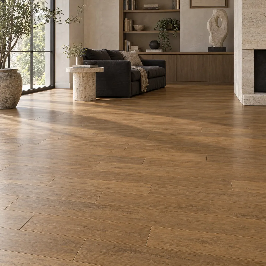 Home Decorators Collection Hand Scraped Strand Woven Almond Bamboo Flooring, in a room, photo 2 of 2