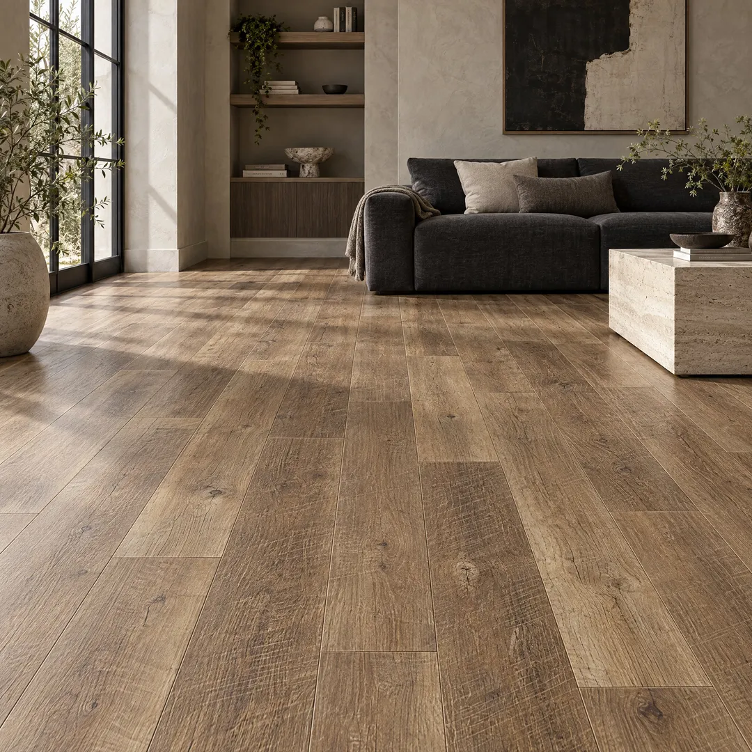 Home Decorators Collection Ann Arbor Oak 8 mm Thick x 6-1/8 in. Wide x 47-5/8 in. Length Laminate Flooring (20.32 sq. ft. / case), in a room, photo 2 of 9