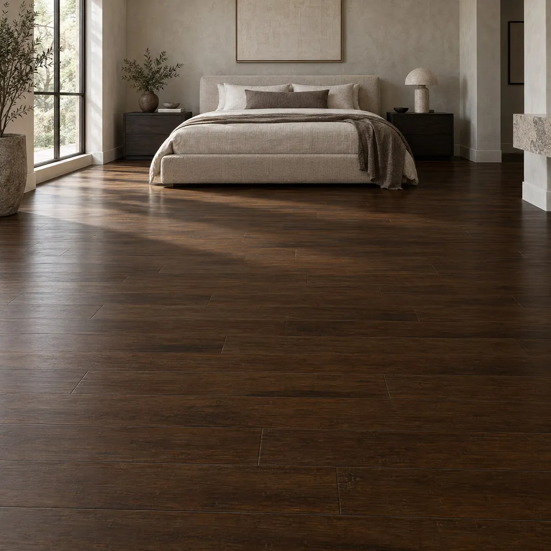 Home Decorators Collection Hand Scraped Strand Woven Brown Bamboo Flooring, in a room, photo 2 of 2