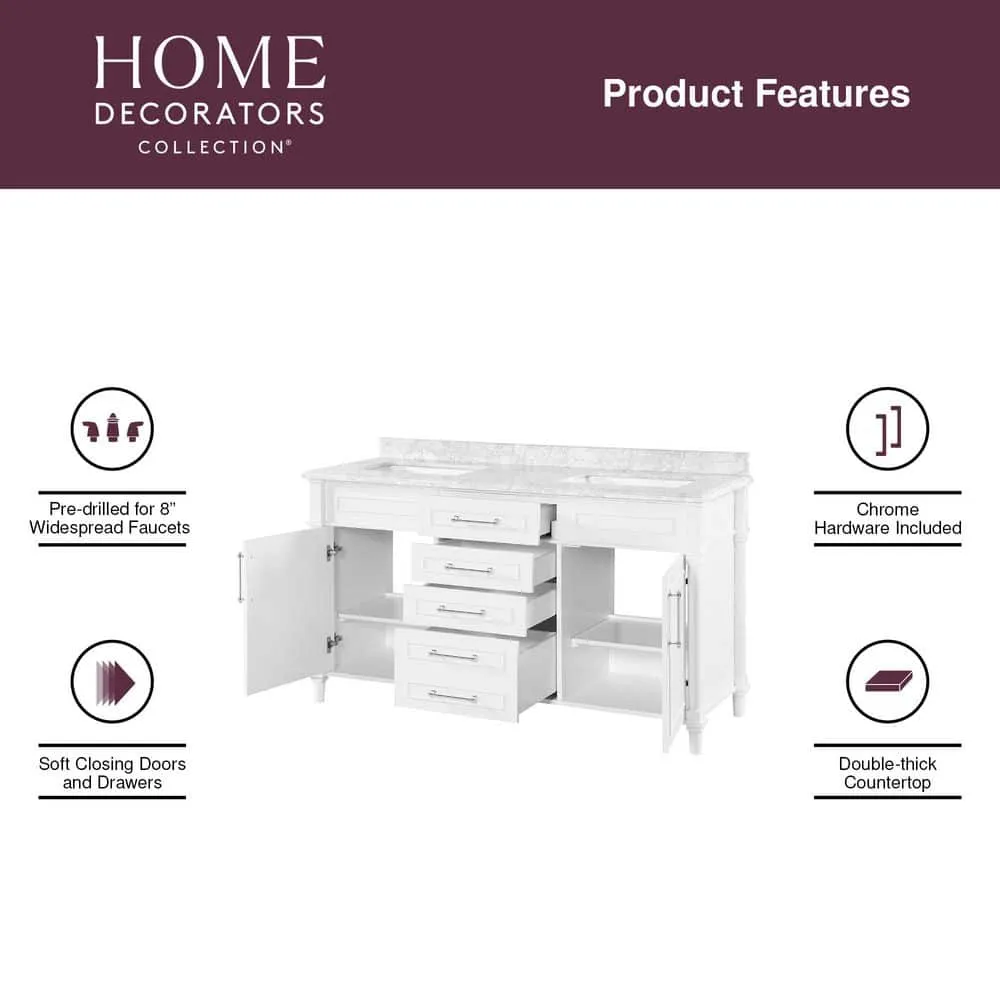 Eviva Aberdeen 60 in. W x 22 in. D x 35 in. H Double Bathroom Vanity in Espresso with White Carrara Marble Top and White Undermount Sinks, photo 3 of 8