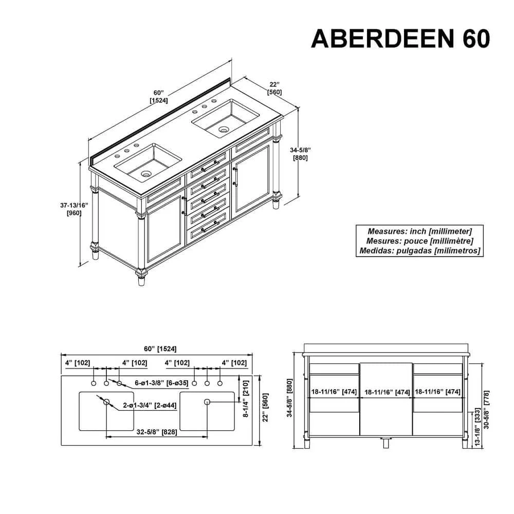 Eviva Aberdeen 60 in. W x 22 in. D x 35 in. H Double Bathroom Vanity in Espresso with White Carrara Marble Top and White Undermount Sinks, photo 7 of 8