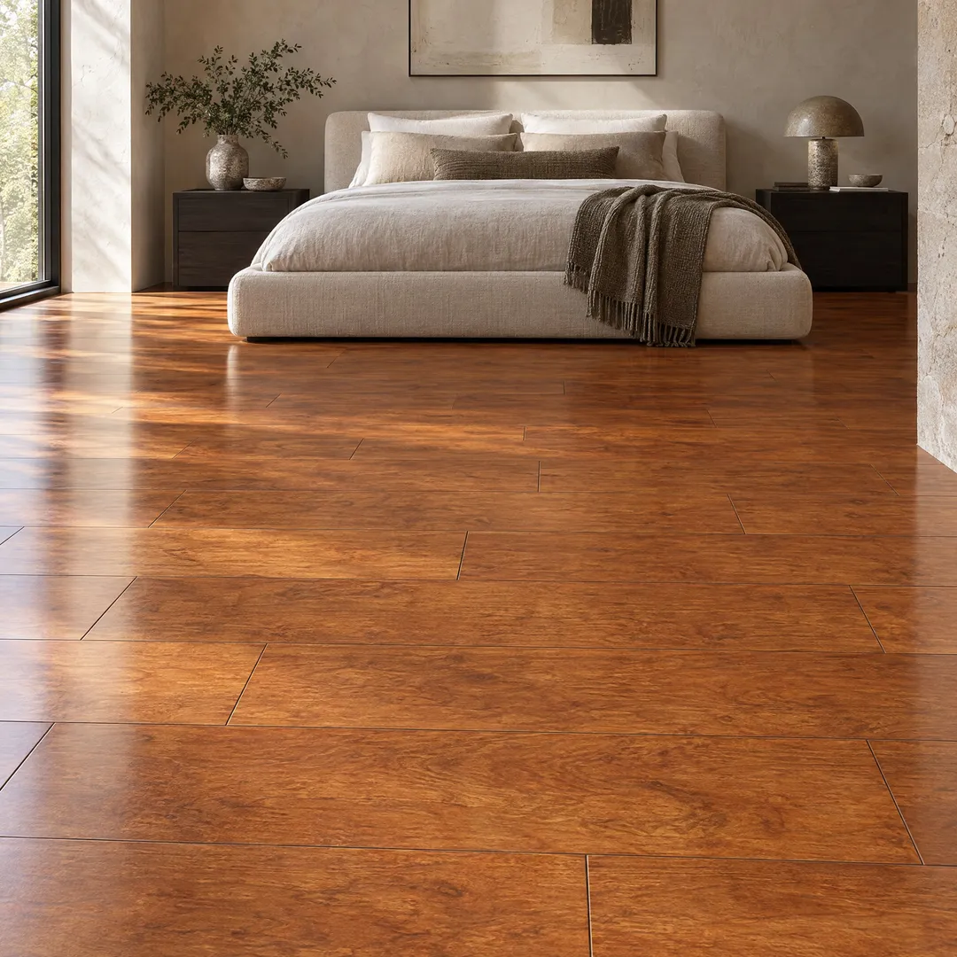 Home Decorators Collection High Gloss Hills Cherry 12 mm Thick x 4.76 in. W x 47.72 in. L Water Resistant Laminate Flooring (15.79 sq. ft./case), in a room, photo 2 of 2
