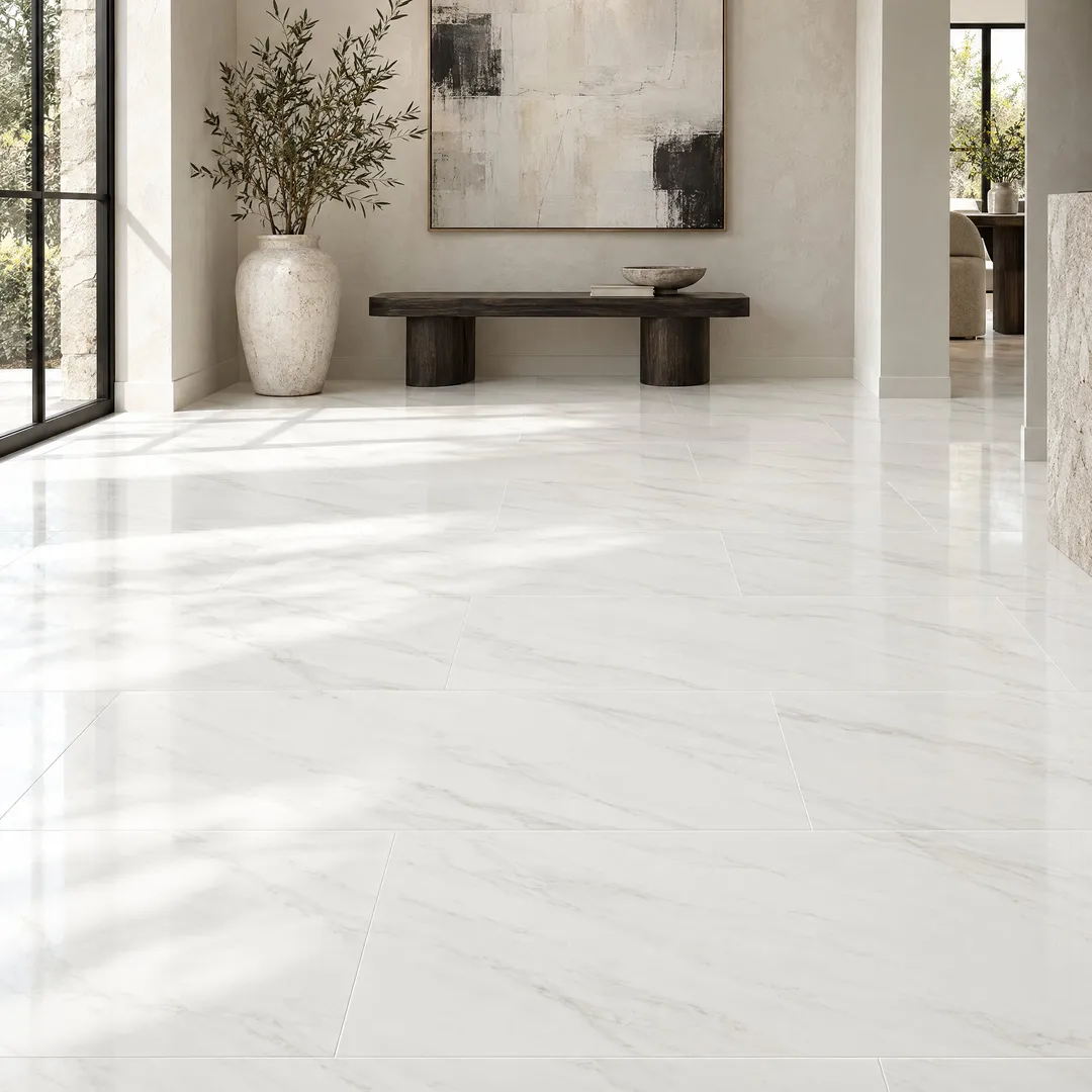 Home Decorators Collection Kolasus White Polished Porcelain Tile 12x24, in a room, photo 2 of 2