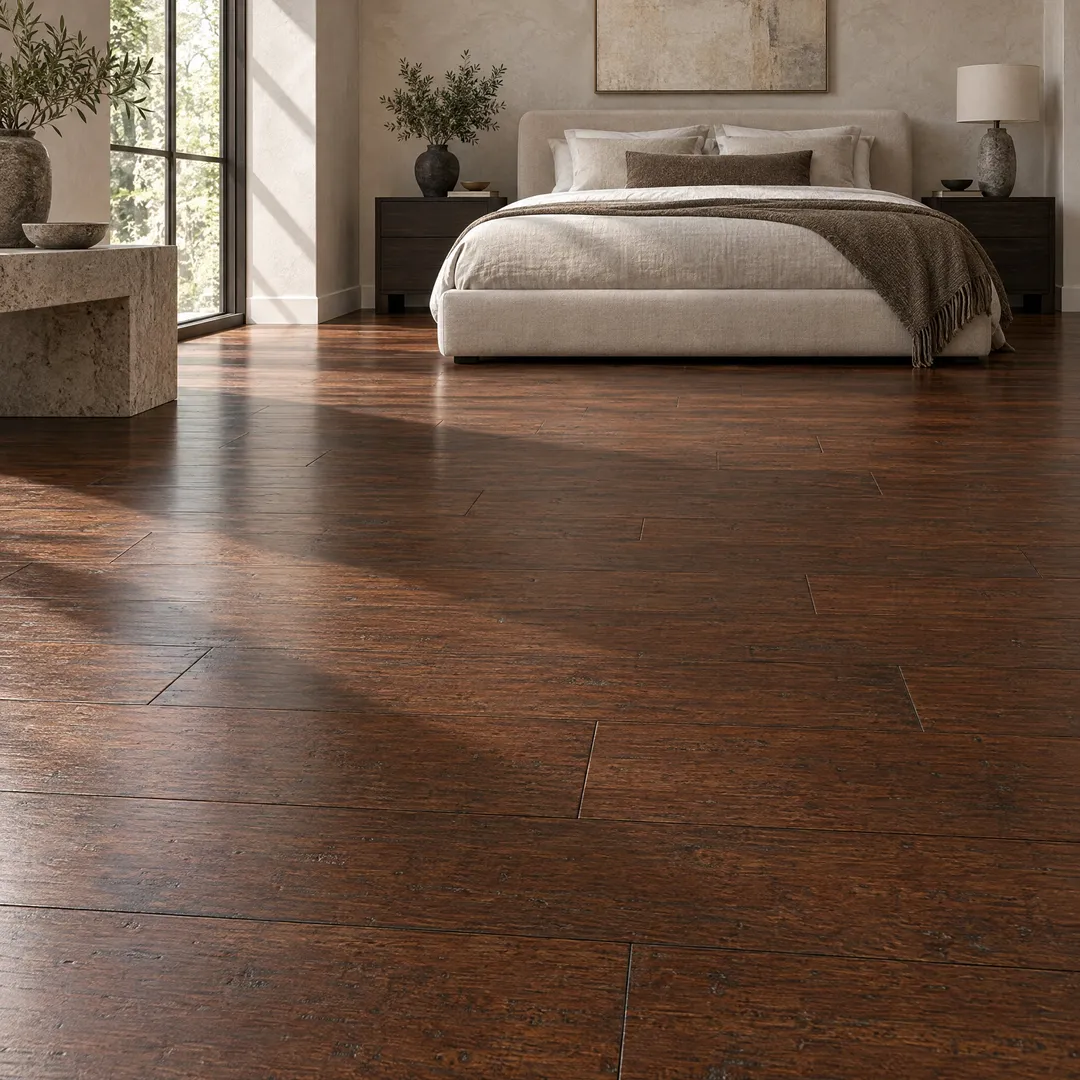 Home Decorators Collection Hand Scraped Strand Woven Sahara Bamboo Flooring, in a room, photo 2 of 2