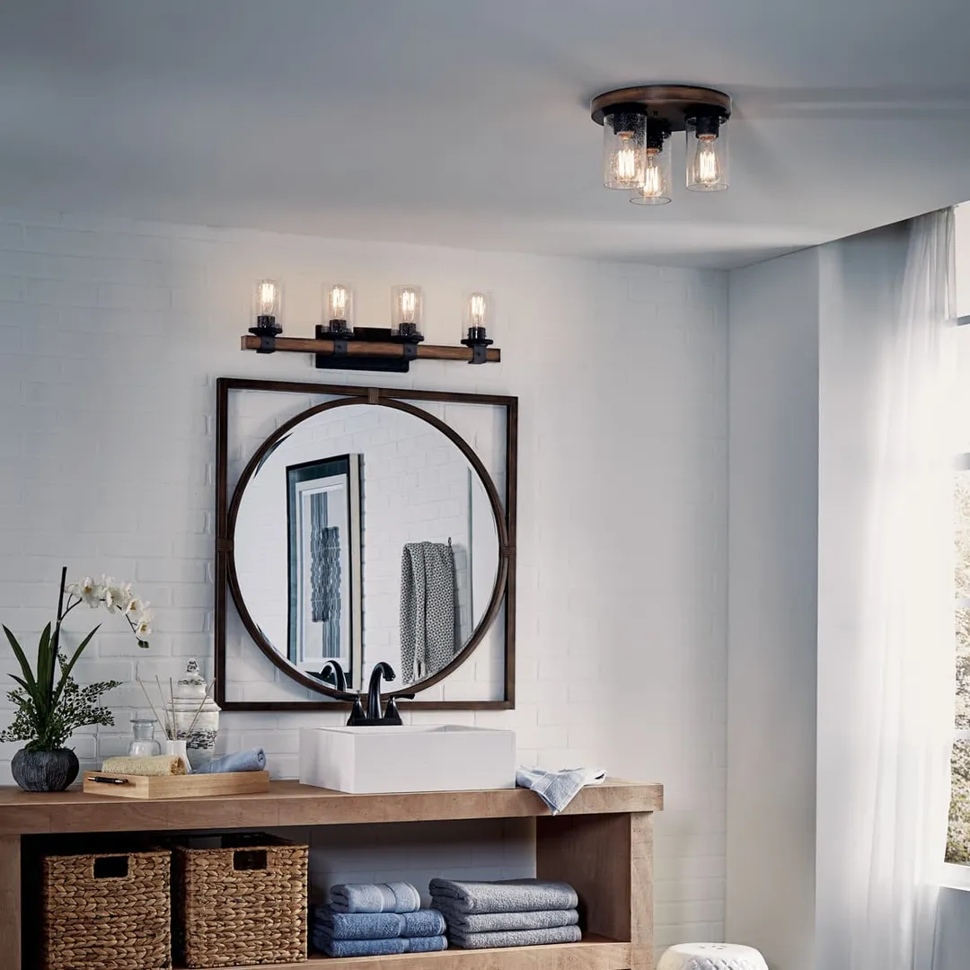 Kichler Barrington 11.5-in Distressed Black and Wood Tone Rustic Incandescent Flush Mount Light, photo 9 of 10