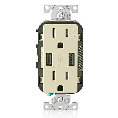 15A Tamper-Resistant Outlet with Dual USB-A Charger, Ivory