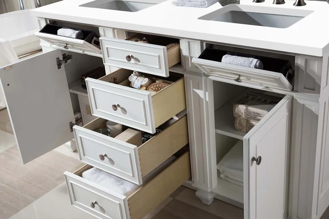 James Martin Vanities Bristol 60" Free Standing Double Basin Vanity Set, Saddle Brown Wood Cabinet with 3cm White Zeus Quartz Top, photo 6 of 8