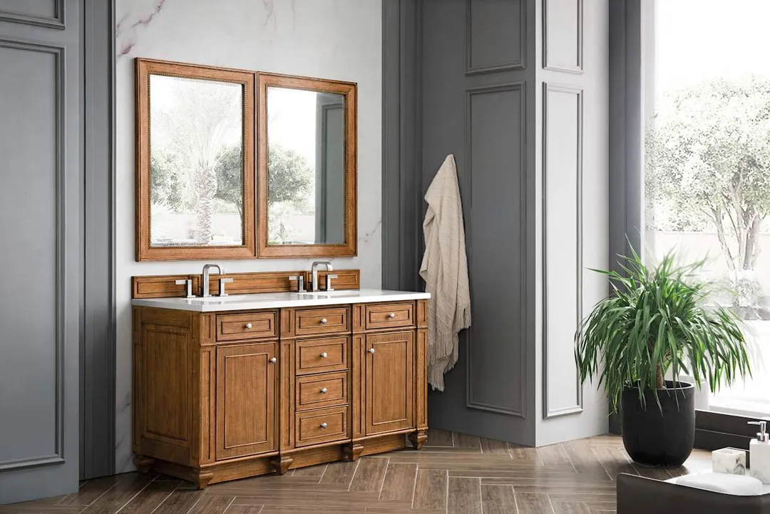 James Martin Vanities Bristol 60" Free Standing Double Basin Vanity Set, Saddle Brown Wood Cabinet with 3cm White Zeus Quartz Top, photo 7 of 8
