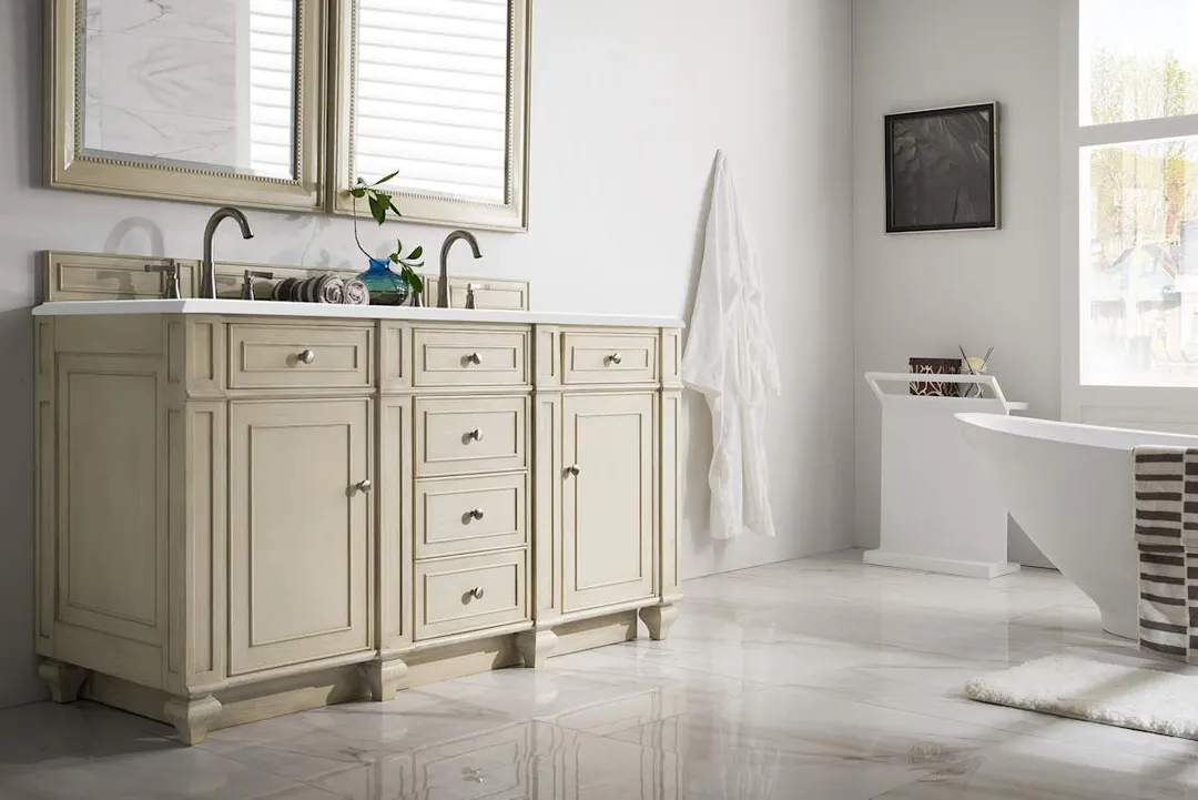 James Martin Vanities Bristol 60" Free Standing Double Basin Vanity Set, Saddle Brown Wood Cabinet with 3cm White Zeus Quartz Top, photo 8 of 8