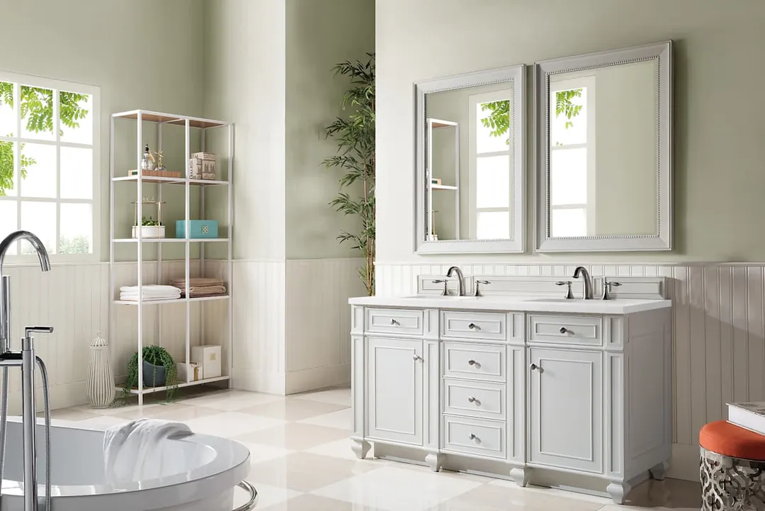 James Martin Vanities Bristol 60" Free Standing Double Basin Vanity Set, Saddle Brown Wood Cabinet with 3cm White Zeus Quartz Top, photo 2 of 8