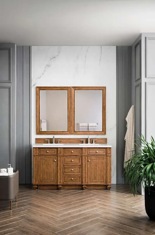 James Martin Vanities Bristol 60" Free Standing Double Basin Vanity Set, Saddle Brown Wood Cabinet with 3cm White Zeus Quartz Top, photo 3 of 8
