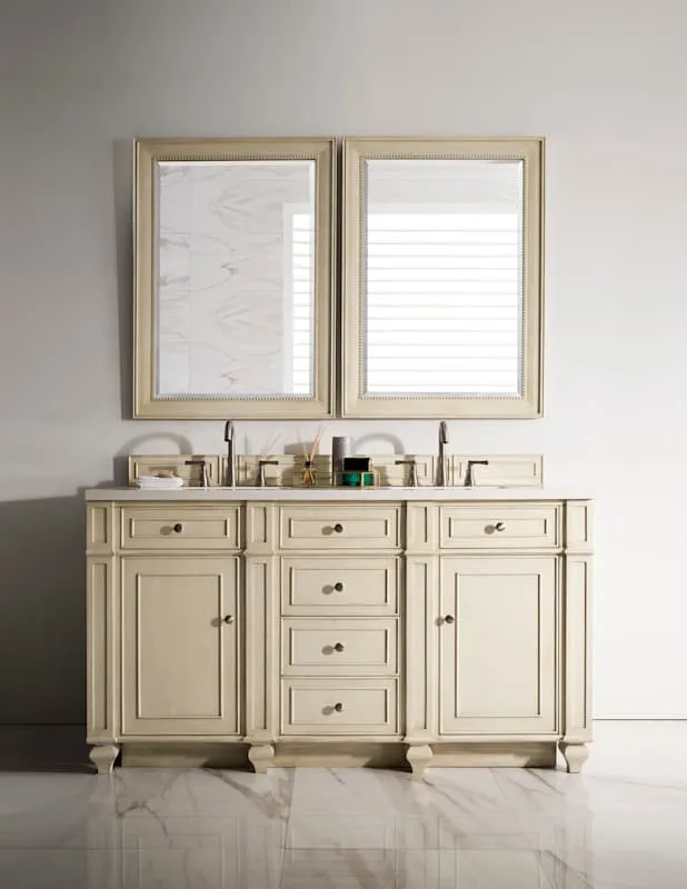 James Martin Vanities Bristol 60" Free Standing Double Basin Vanity Set, Saddle Brown Wood Cabinet with 3cm White Zeus Quartz Top, photo 4 of 8