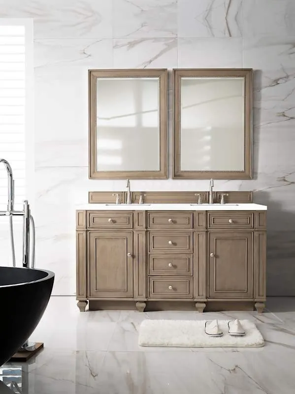 James Martin Vanities Bristol 60" Free Standing Double Basin Vanity Set, Saddle Brown Wood Cabinet with 3cm White Zeus Quartz Top, photo 5 of 8