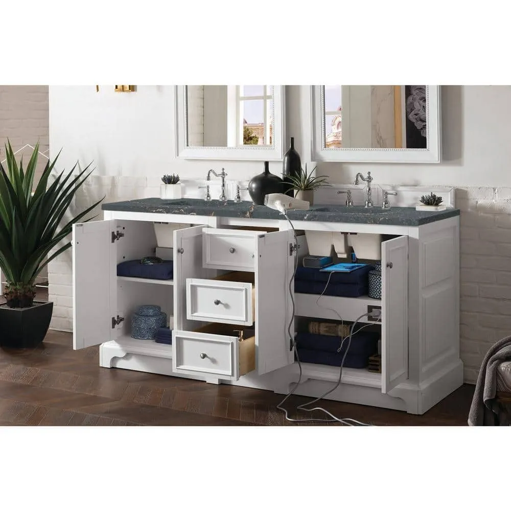 James Martin Vanities De Soto 73.3 in. Double Bathroom Vanity in Bright White with Parisien Bleu Quartz Top, photo 4 of 5