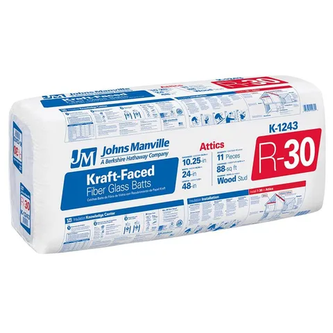 R-30 Kraft-Faced Fiberglass Batt Insulation, 24 × 48 in, 88 sq-ft