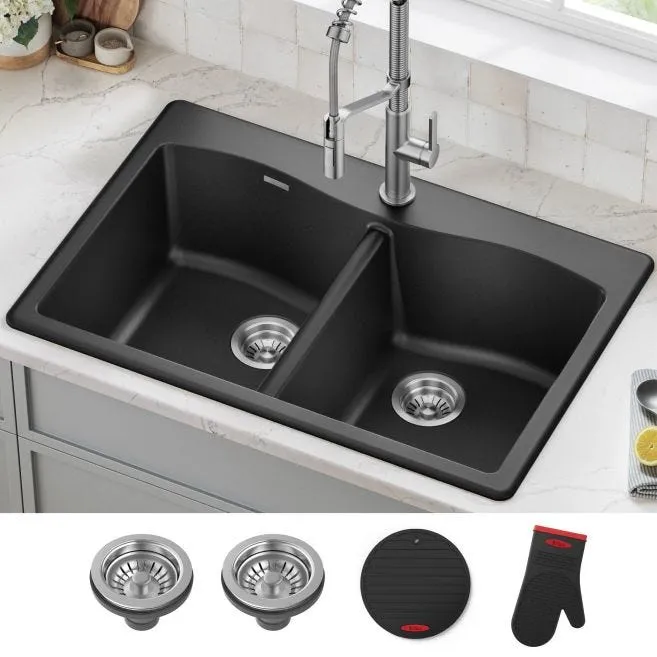 Kraus Forteza 33 in. Drop-In/Undermount Granite Composite 50/50 Double Bowl Kitchen Sink, Black (KGD-52BLACK), photo 2 of 3