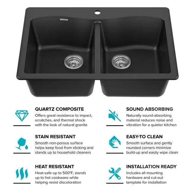 Kraus Forteza 33 in. Drop-In/Undermount Granite Composite 50/50 Double Bowl Kitchen Sink, Black (KGD-52BLACK), photo 3 of 3