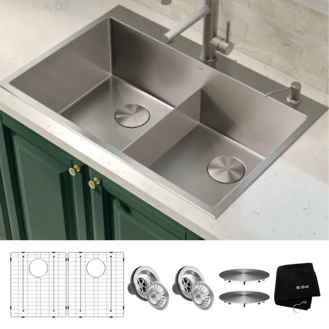 KRAUS Standart PRO Drop-In/Undermount 16-Gauge Stainless Steel 33 in. x 22 in. Double Bowl 2-Hole Kitchen Sink, KHT302-33, photo 2 of 2