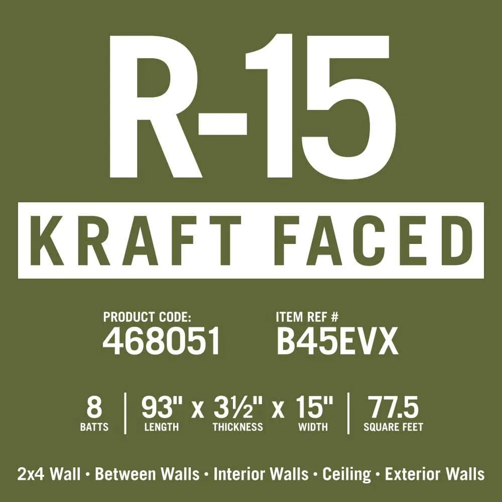 Knauf Insulation R-15 EcoBatt Kraft Faced Fiberglass Insulation Batt, High Density, 3-1/2" x 15" x 93", 67.81–77.5 sq. ft. Coverage, photo 7 of 8