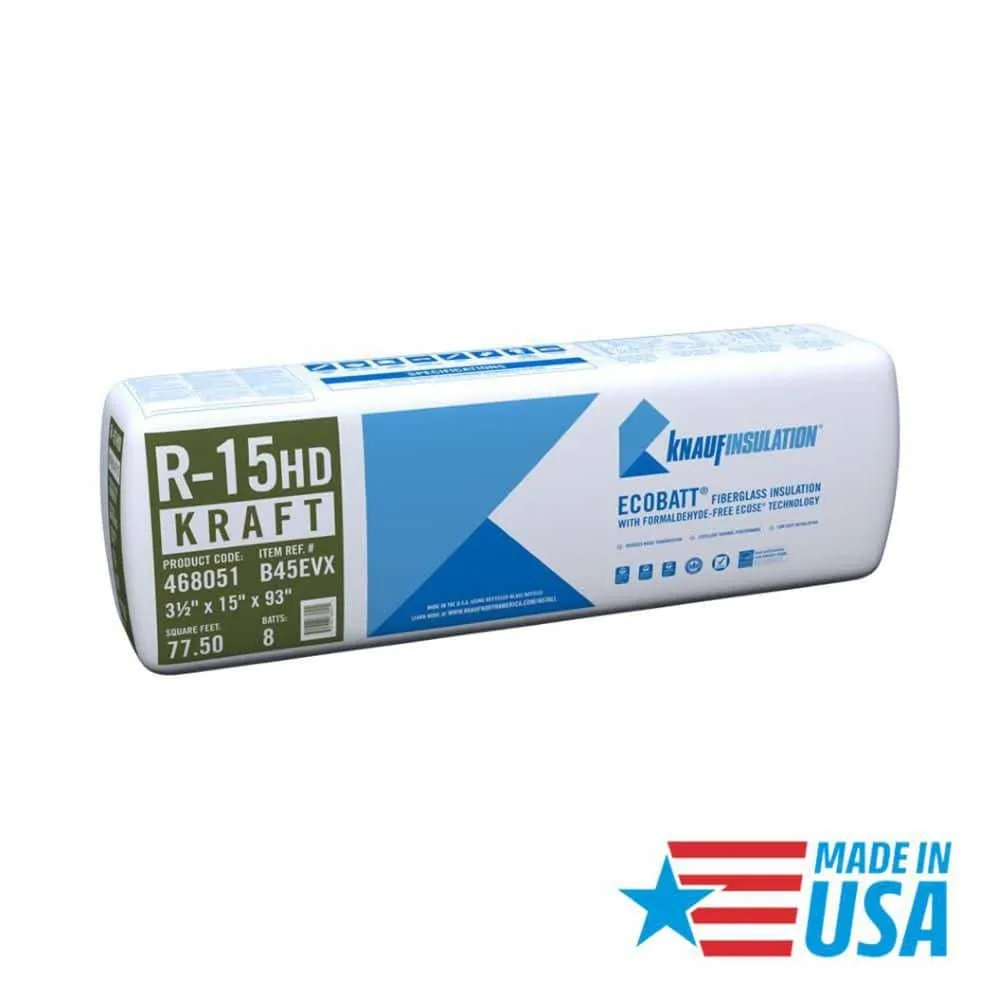 Knauf Insulation R-15 EcoBatt Kraft Faced Fiberglass Insulation Batt, High Density, 3-1/2" x 15" x 93", 67.81–77.5 sq. ft. Coverage, photo 2 of 8