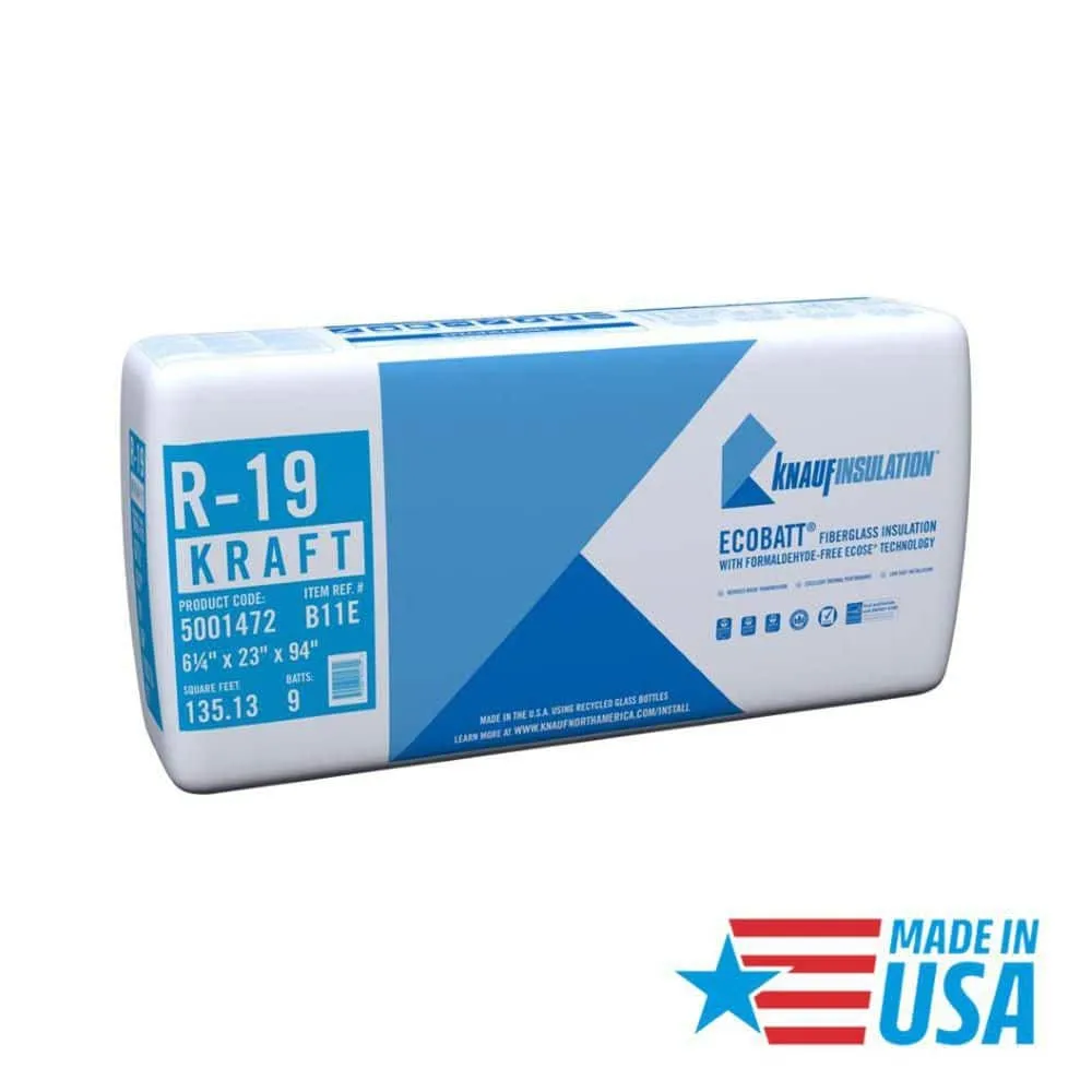 Knauf Insulation R-19 EcoBatt Kraft Faced Fiberglass Insulation Batt, 6-1/4 in x 23 in x 94 in, 135.13 sq ft, photo 2 of 8