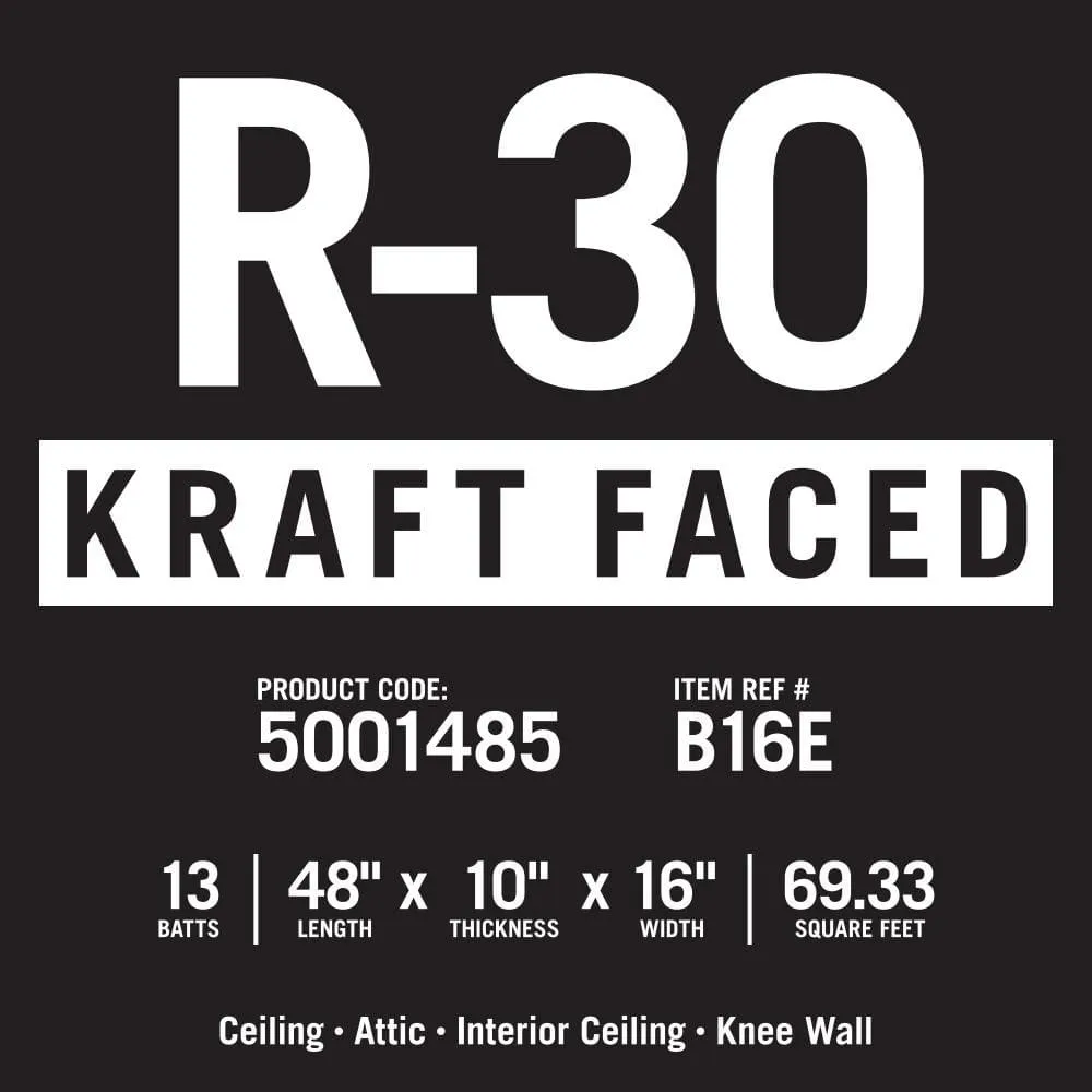Knauf Insulation R-30 EcoBatt Kraft Faced Fiberglass Insulation Batt, 10 in x 16 in x 48 in, 69.33 sq ft, photo 7 of 8