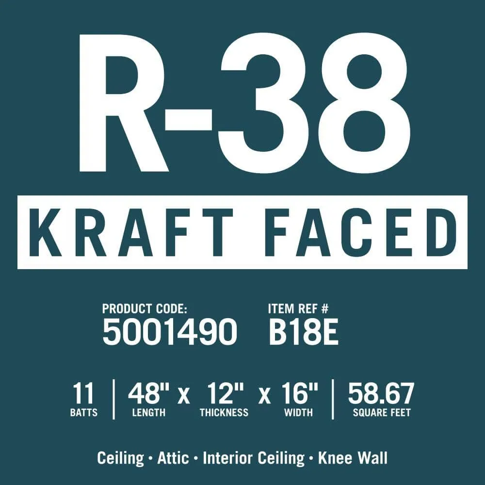 Knauf Insulation R-38 EcoBatt Kraft Faced Fiberglass Insulation Batt, 12" x 16" x 48", 58.67 sq. ft., photo 6 of 8