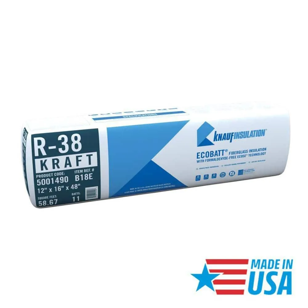 Knauf Insulation R-38 EcoBatt Kraft Faced Fiberglass Insulation Batt, 12" x 16" x 48", 58.67 sq. ft., photo 2 of 8