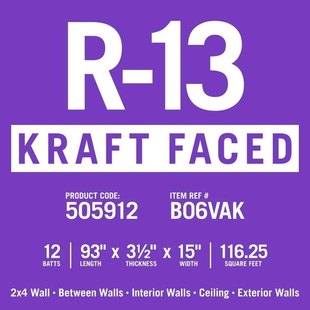 Knauf Insulation R-13 EcoBatt Kraft Faced Fiberglass Insulation Batt, 3-1/2 in. x 15 in. x 93 in., 116.25 sq. ft. Coverage, photo 7 of 8