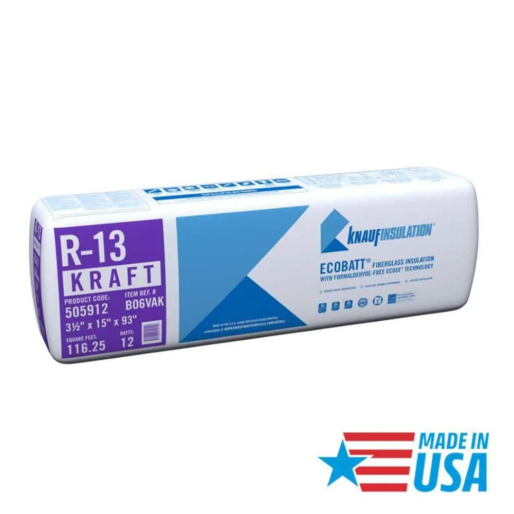 Knauf Insulation R-13 EcoBatt Kraft Faced Fiberglass Insulation Batt, 3-1/2 in. x 15 in. x 93 in., 116.25 sq. ft. Coverage, photo 2 of 8