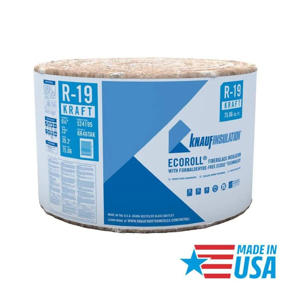 Knauf Insulation R-19 EcoRoll Kraft Faced Fiberglass Insulation Roll, 6-1/4 in Thick x 23 in Wide x 39.2 ft Long, 75.06 sq ft, photo 2 of 8