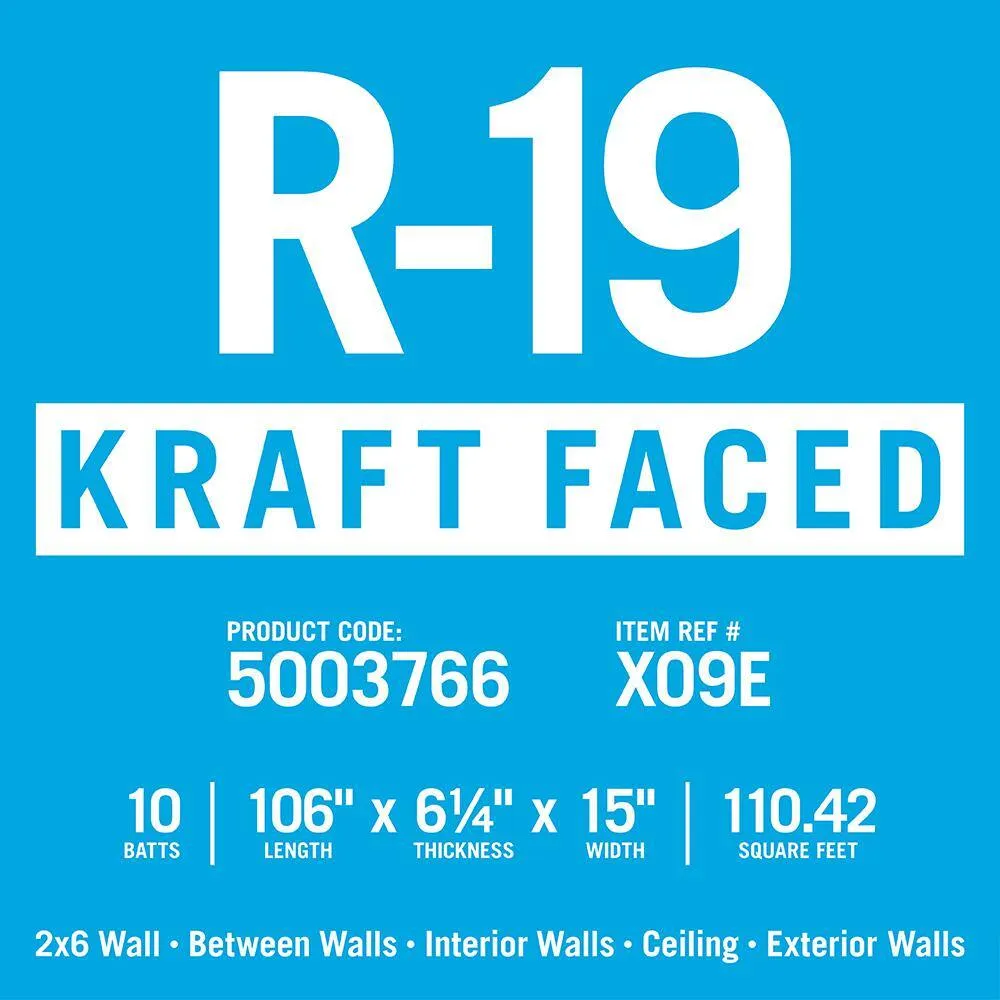 Knauf Insulation R-19 EcoBatt Kraft-Faced Fiberglass Insulation Batts, 6-1/4 in x 15 in x 106 in, 110.42 sq ft, photo 6 of 8