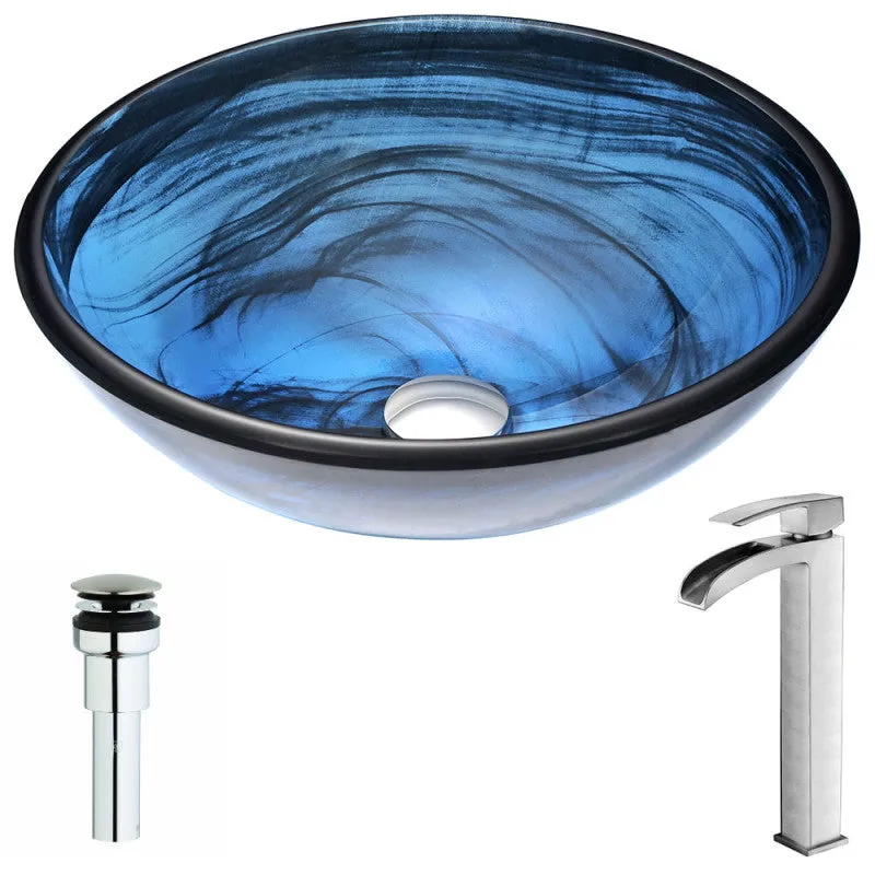 ANZZI Soave Series Deco-Glass Vessel Sink in Sapphire Wisp with Key Faucet in Brushed Nickel, photo 4 of 5