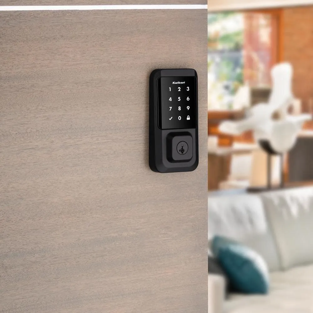 Kwikset Halo Black Single-Cylinder Touchscreen Electronic Deadbolt with Prague Entry Door Handle set Pismo Door Knob Combo Pack, photo 5 of 6